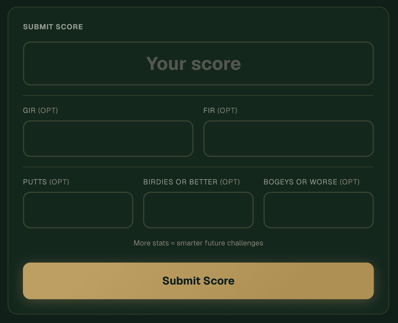 The RISE submit-score screen with fields for your score and optional GIR, FIR, putts, and birdies.