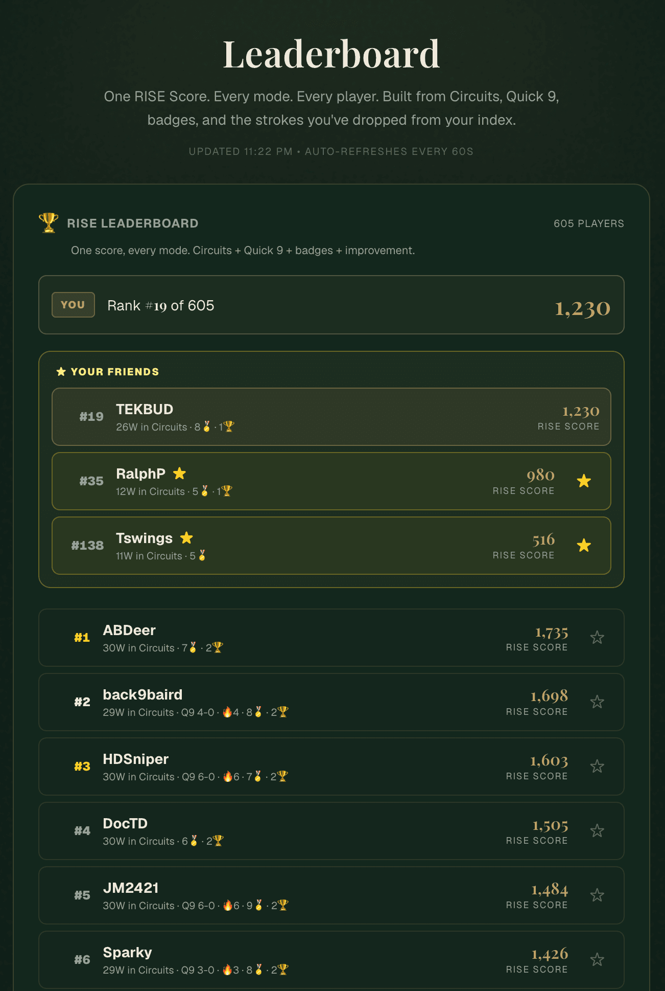 The RISE leaderboard ranking players by Rise Score and strokes gained.